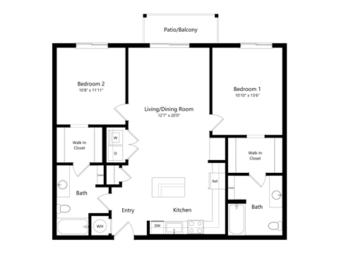 Floor plan for 2 beds, 2 baths, 1080 sqft